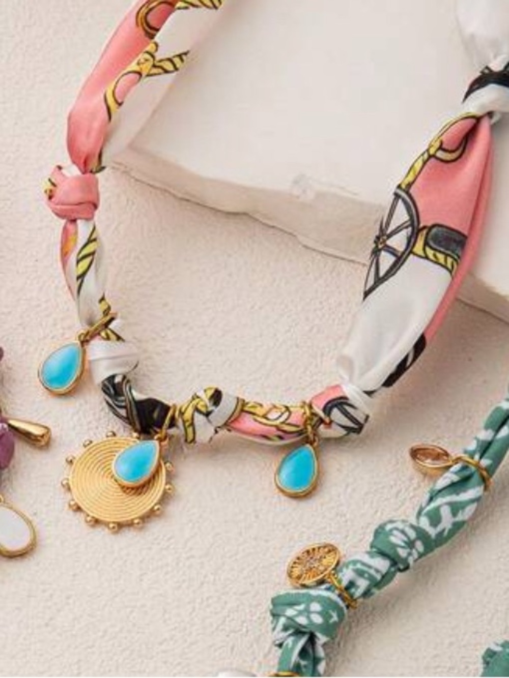 Pink and White Scarf Necklace with Turquoise Charms N1491